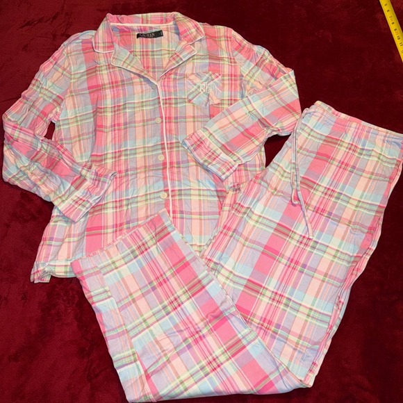 Lauren Ralph Lauren Other - Lauren Ralph Lauren Pink Plaid Pajama Set Womens Large Button Down Sleepwear